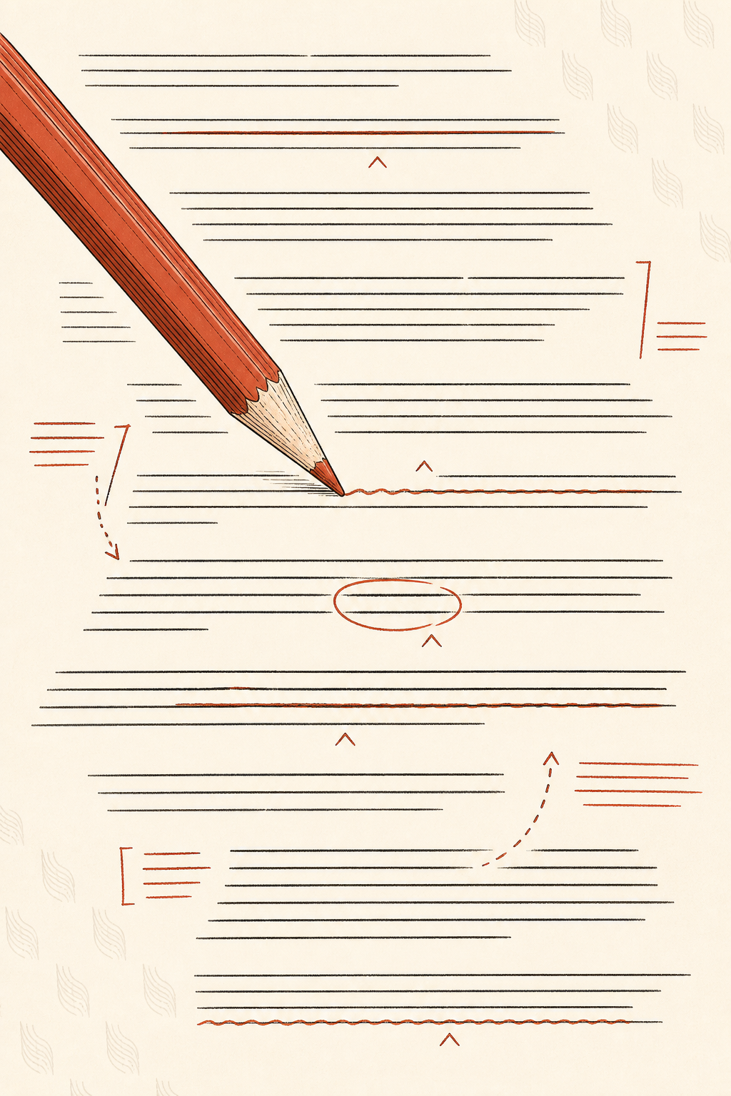Pagina di testo in corso di rielaborazione editoriale, con matita rossa che riscrive attivamente il testo. Dove la matita ha passato, la filigrana del watermark svanisce. Segni di modifica, barrature e note a margine. Stile minimalista Notion line art.