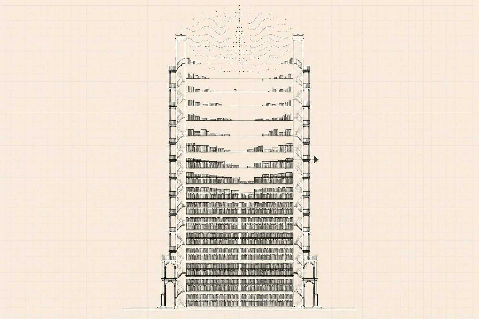 Sezione trasversale di un'enorme biblioteca a scaffali. Scaffali inferiori densamente pieni, scaffali superiori sempre più radi e frammentati. Un piccolo cursore indica il progresso dello svuotamento. Stile Notion line art, palette neutra, senza testo.