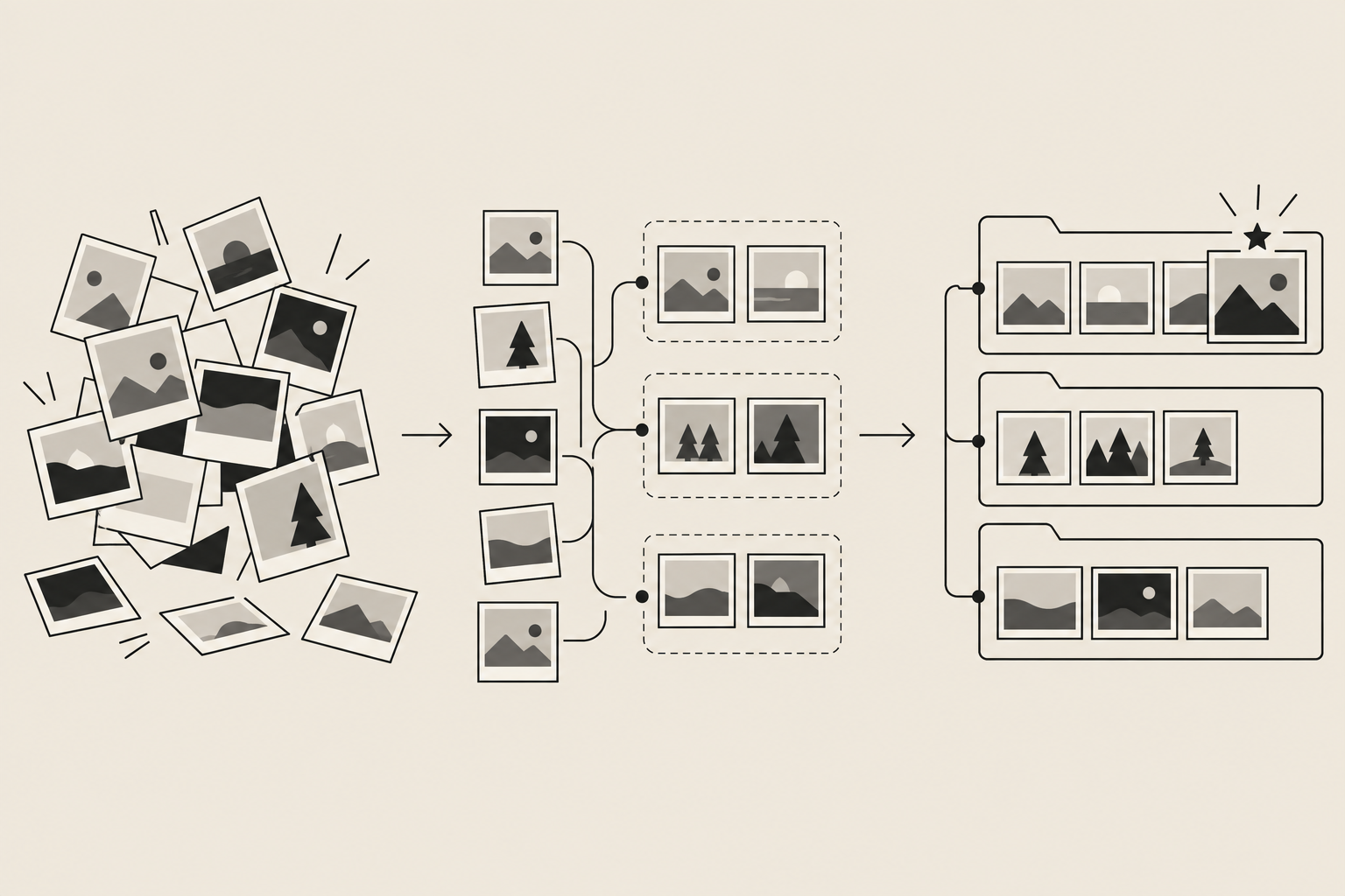 Schema di organizzazione fotografica: fotogrammi dispersi (sinistra) -> processo di raggruppamento narrativo (centro) -> risultato organizzato in capitoli (destra). Linea art minimalista, nessun testo.
