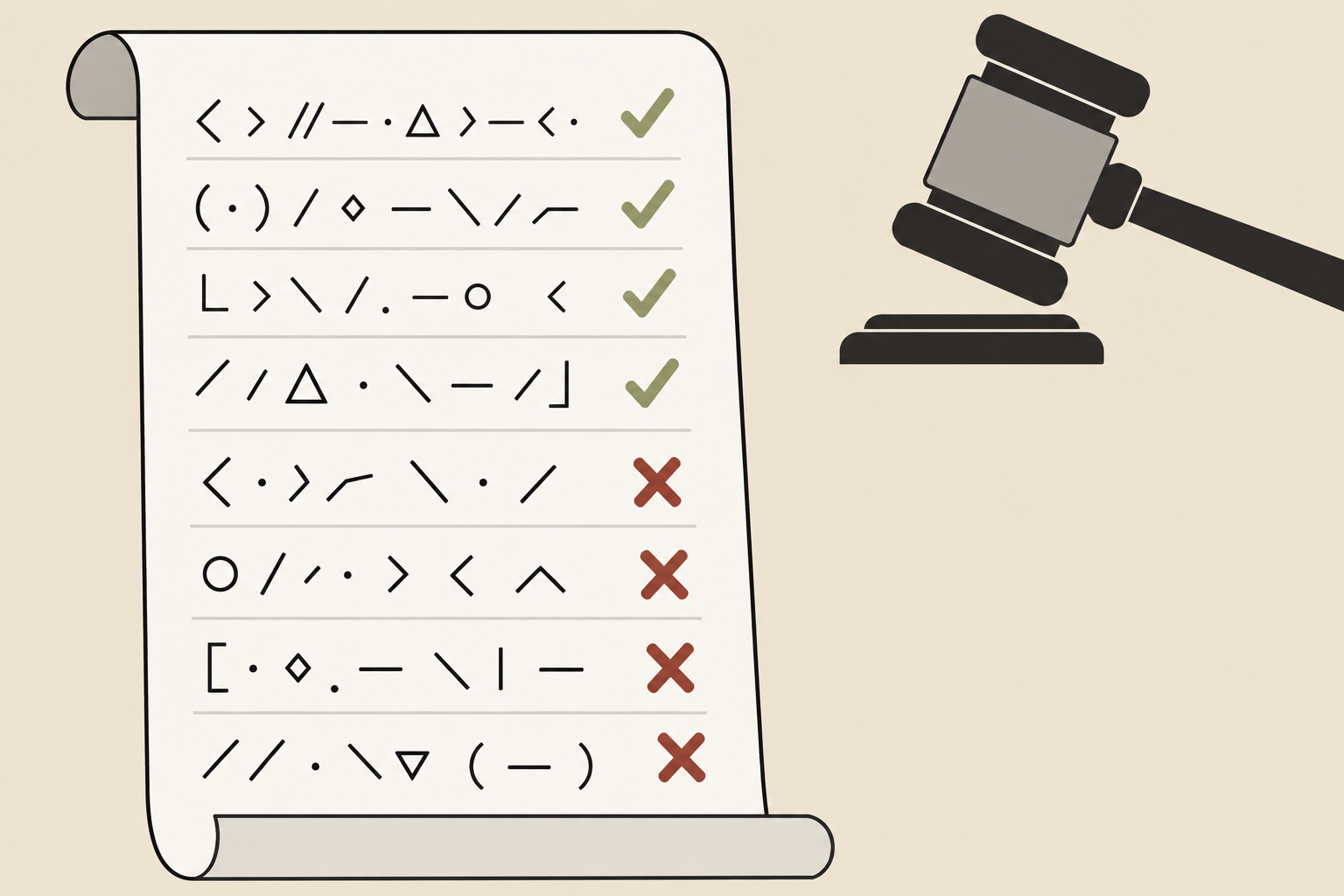 Scroll di codice/notazione matematica con checkmark e X visibili; martello del giudice descende dall'alto-destra; contrasto tra linee accettate e rifiutate.