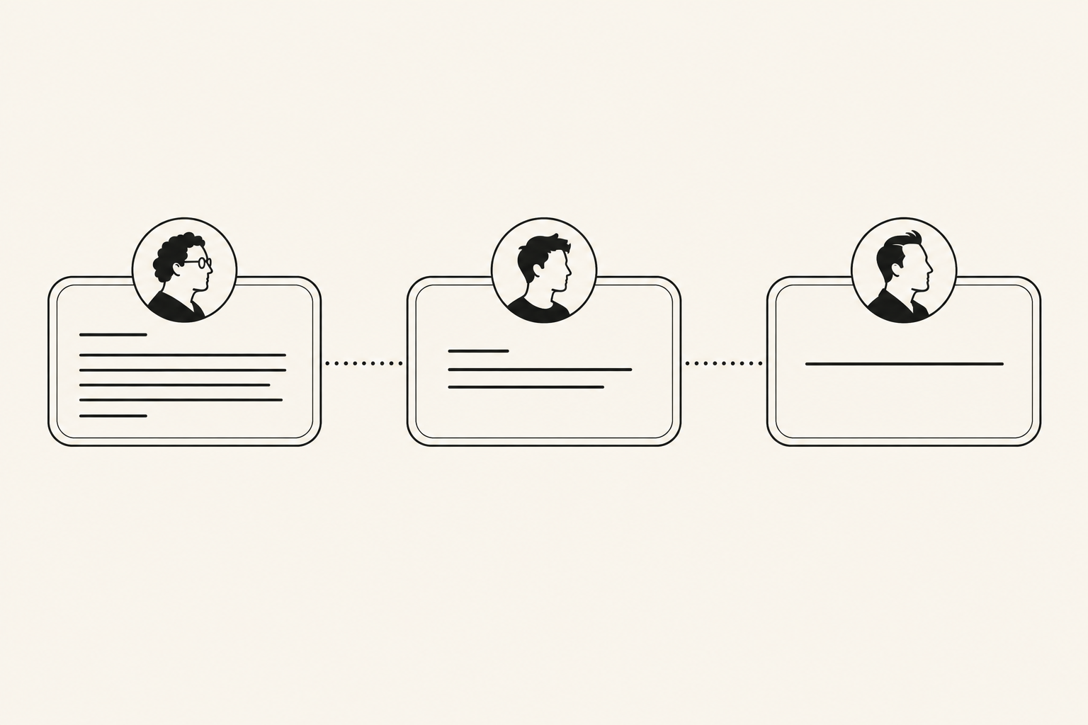 Tre bolle di notifica orizzontali allineate che mostrano le dichiarazioni separate di Amodei, Altman e Musk, collegate da linee tratteggiate sottili che suggeriscono convergenza di posizioni senza collaborazione formale, stile Notion line art.