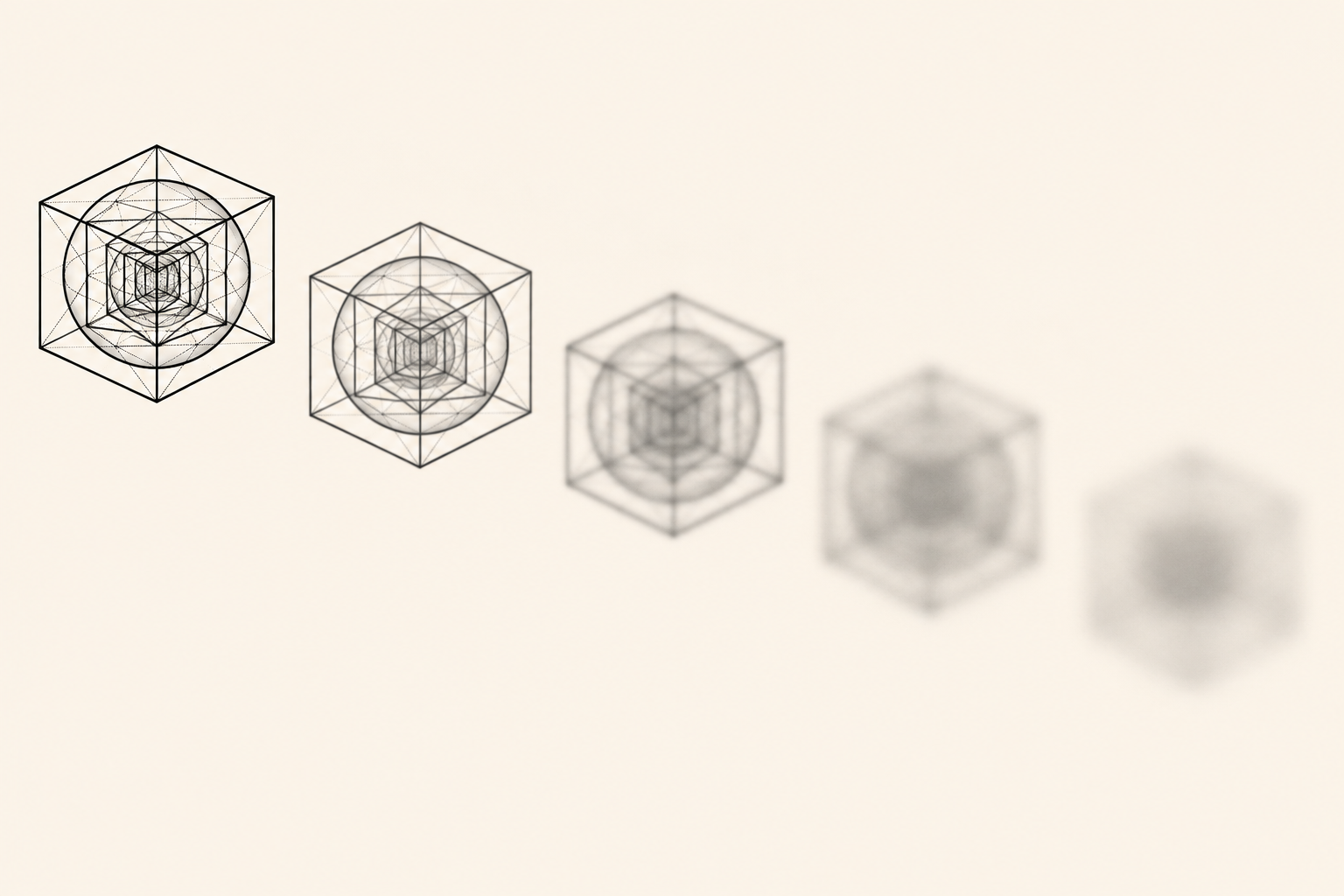 Una sequenza di forme geometriche astratte che degrada progressivamente da sinistra a destra: dalla nitida e dettagliata, diventa sempre più sfocata e indefinita. Metafora visiva della degradazione iterativa dei dati sintetici. Stile Notion line art, palette neutra, senza testo.