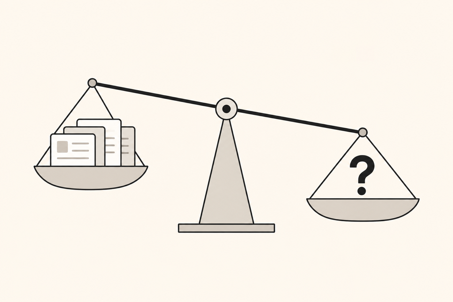 Bilancia minimalista: pan sinistro pesante con pile di documenti (dati pubblicati su velocità e costo), pan destro vuoto con grande punto interrogativo (dati mancanti su accuratezza). Scala visibilmente sbilanciata a sinistra. Stile Notion line art, palette beige/grigio/nero.
