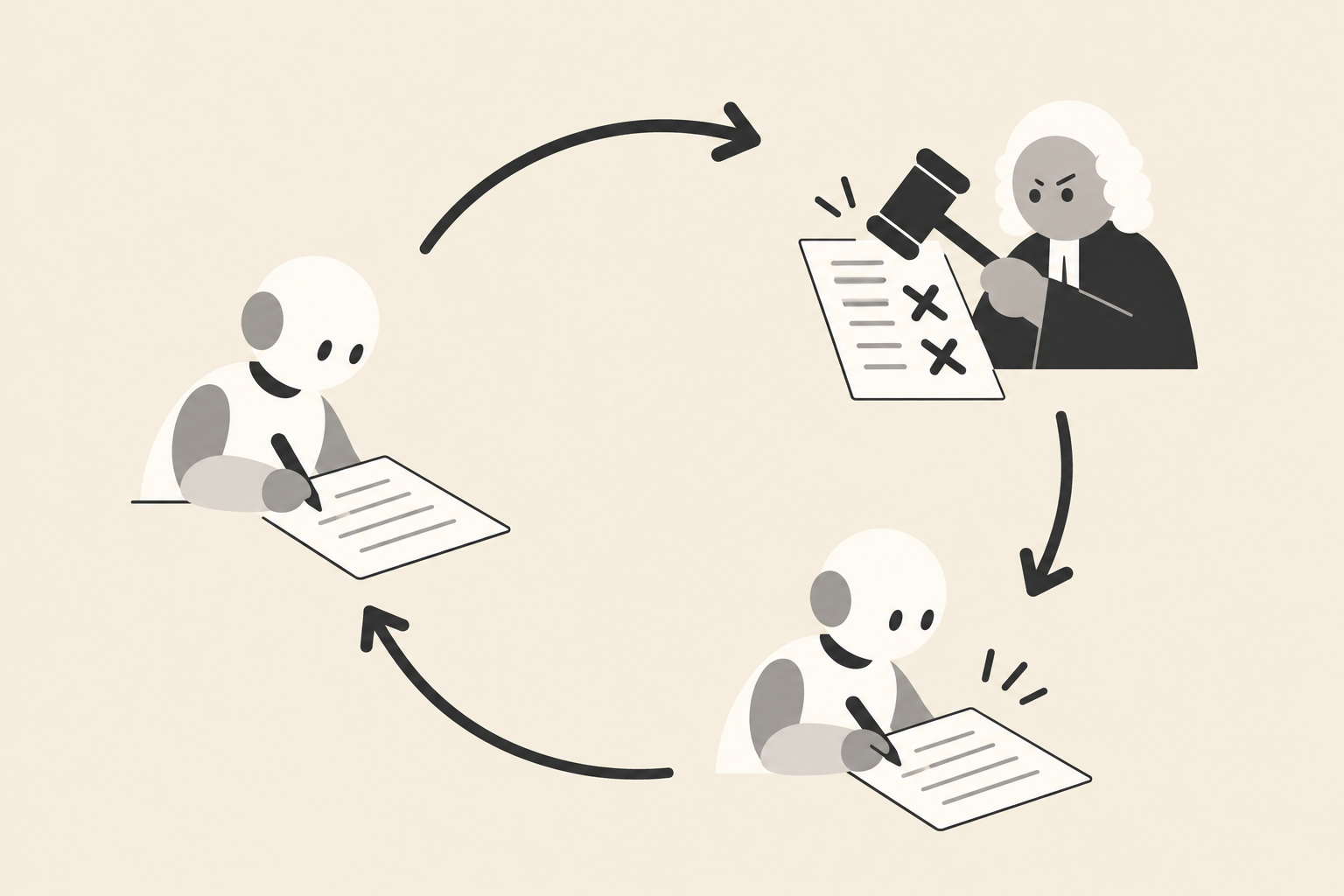 Ciclo iterativo in layout circolare: AI scrive, giudice controlla e marca con X, AI corregge, frecce chiudono il loop. Stile Notion minimalista.