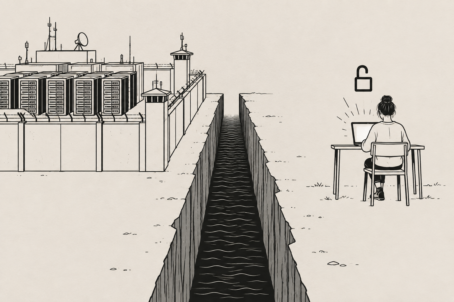 Split screen left/right: server farm chiusa dietro fossato (moat) a sinistra, laptop aperto in mano a creator indipendente a destra con lucchetto aperto fluttuante. Due mondi contrapposti nello stesso frame, illustrazione Notion line art bianco/nero.