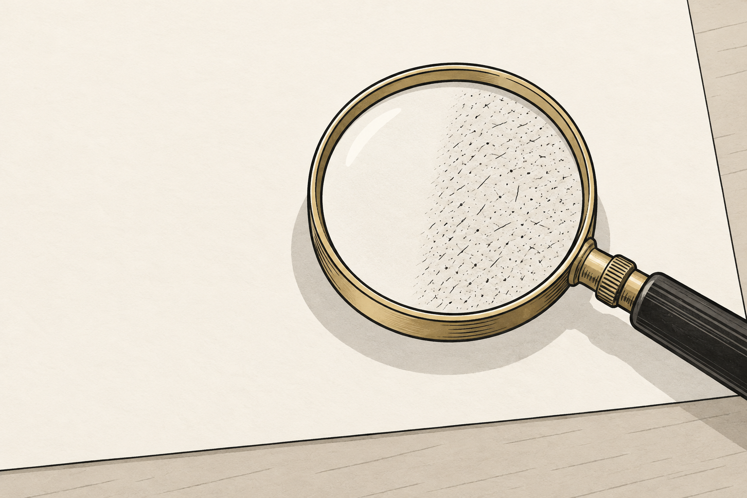 Lente d'ingrandimento su un foglio beige: attraverso la lente si vedono una zona liscia e una zona punteggiata di texture, in stile line art.