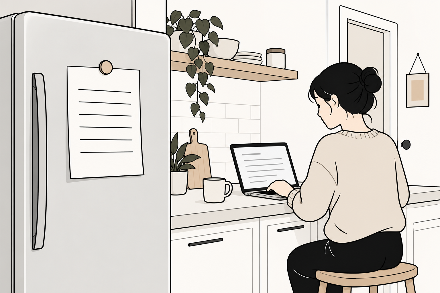 Disegno a tratto di un angolo di cucina con un foglio di regole appeso al frigorifero e un laptop sul piano di lavoro, in toni beige e grigi.