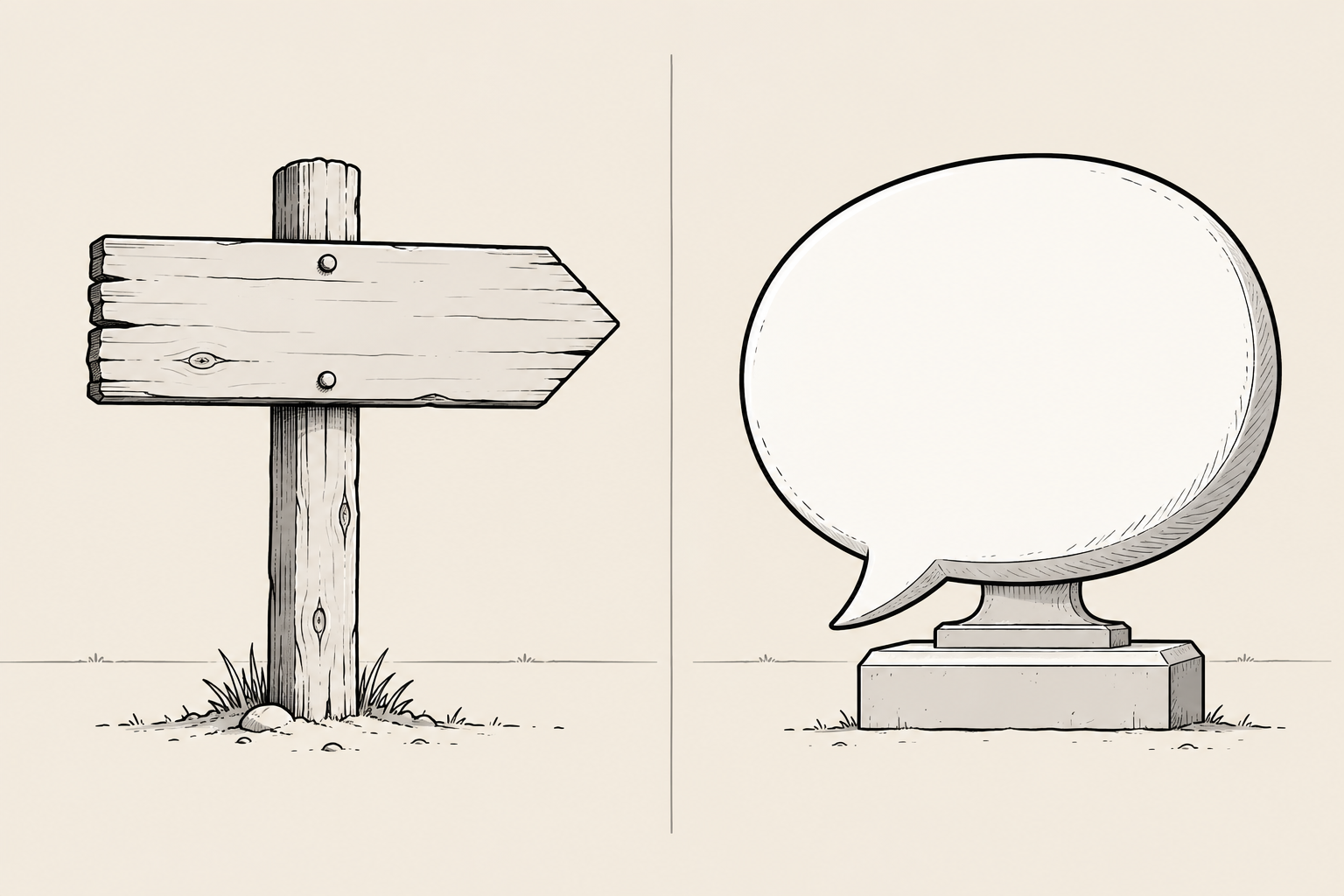 Due elementi a confronto su fondo beige: a sinistra un cartello stradale in legno che indica di lato, a destra un grande fumetto su un piedistallo che parla in prima persona.