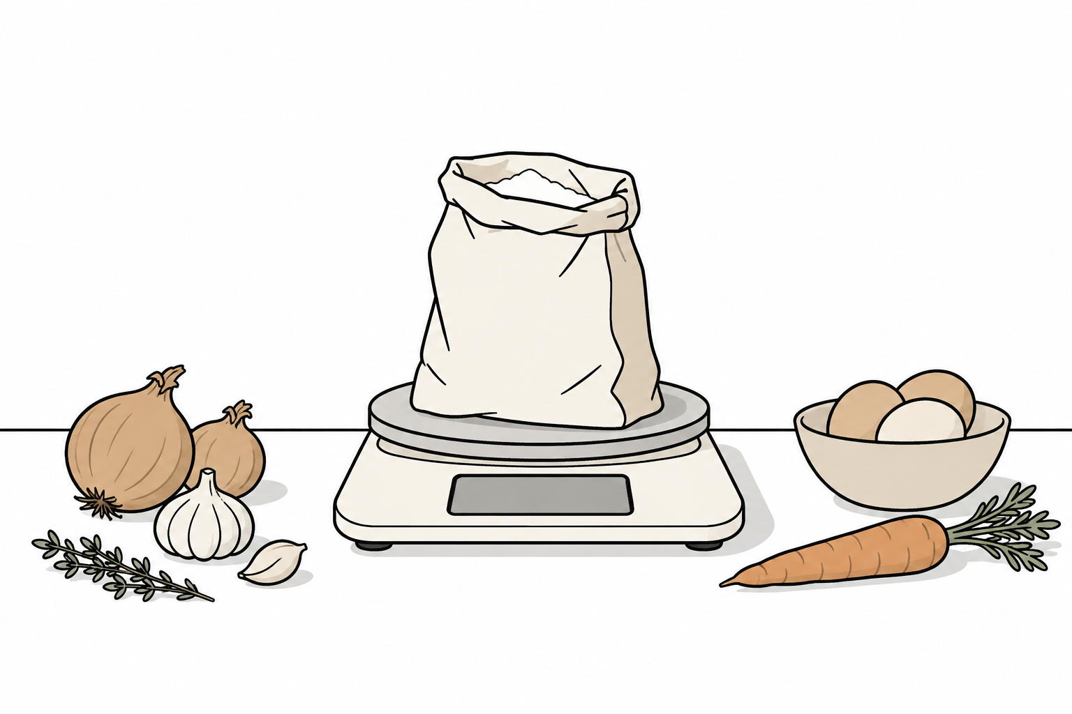 Bilancia da cucina con un sacchetto di farina su un piano di lavoro, illustrata in line art beige e grigio.
