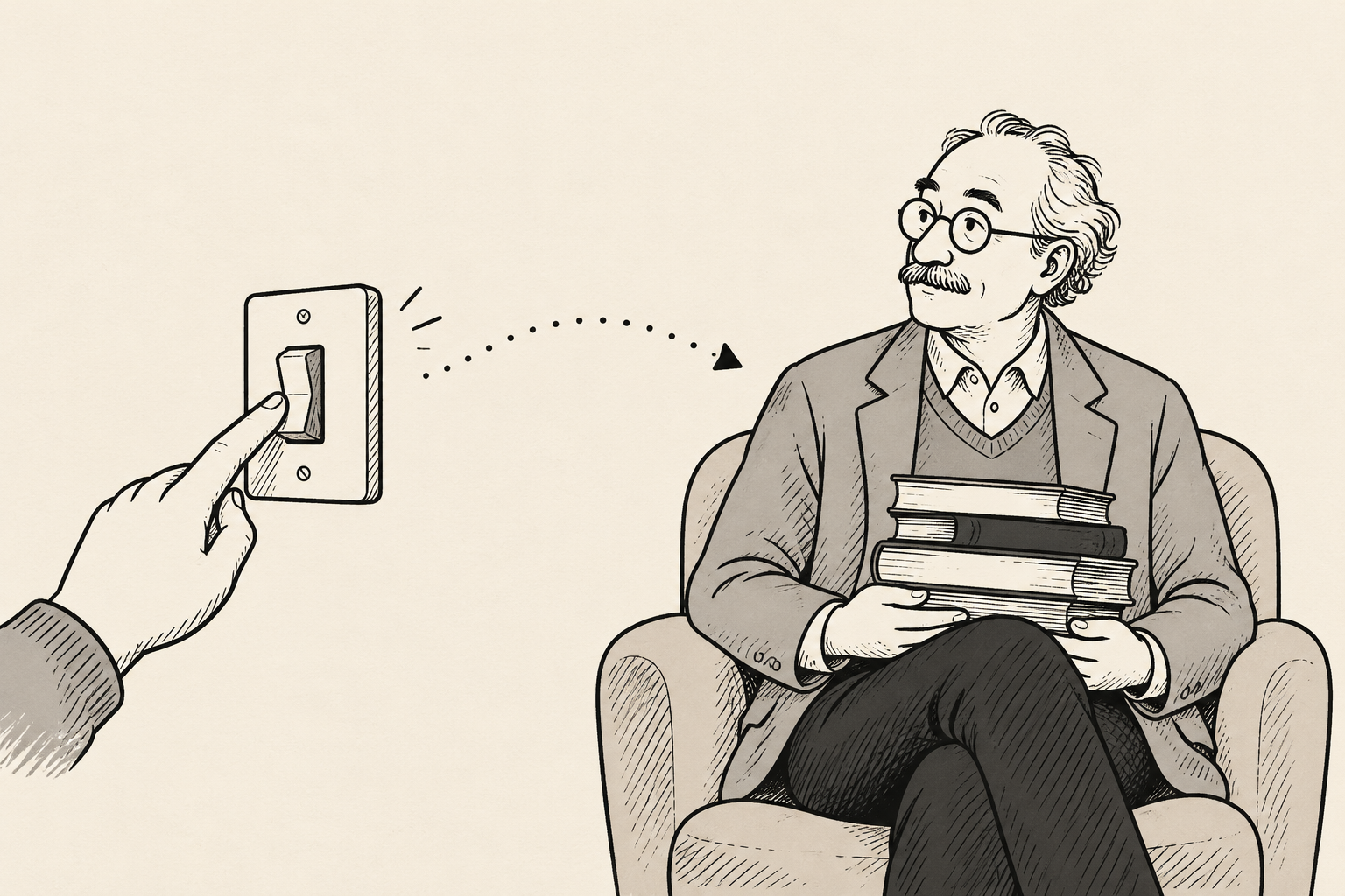 Disegno a tratto: un interruttore della luce acceso su una parete a sinistra e un professore seduto con libri a destra, collegati da piccole frecce tratteggiate.