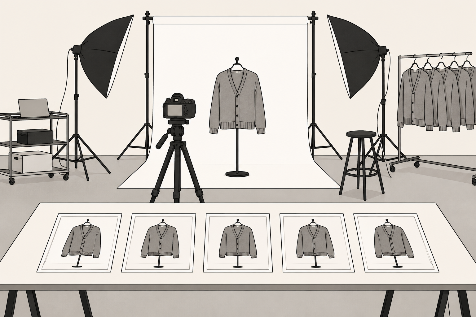 Disegno in line art di uno studio di catalogo moda con un fondale bianco, una fotocamera su treppiede e cinque fotogrammi quasi identici disposti in fila su un tavolo luminoso.