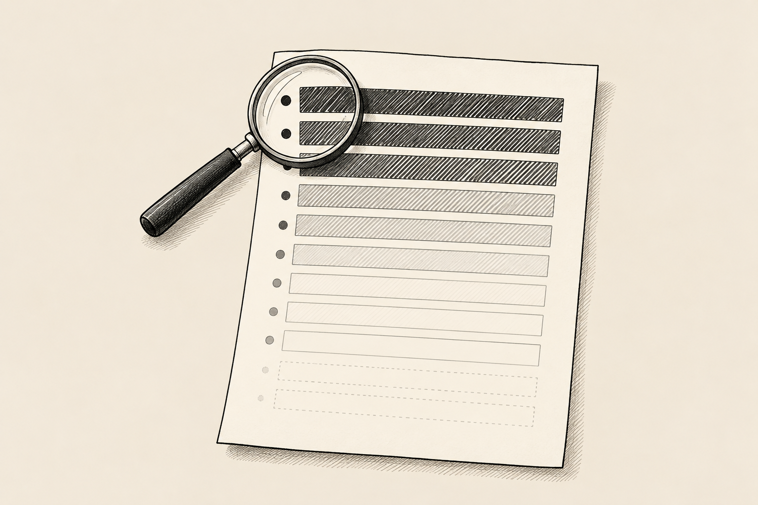 Foglio con una lista di dieci righe in line art beige e nero: le prime tre righe sono fittamente tratteggiate, le successive via via più chiare, con una lente d'ingrandimento appoggiata in cima.