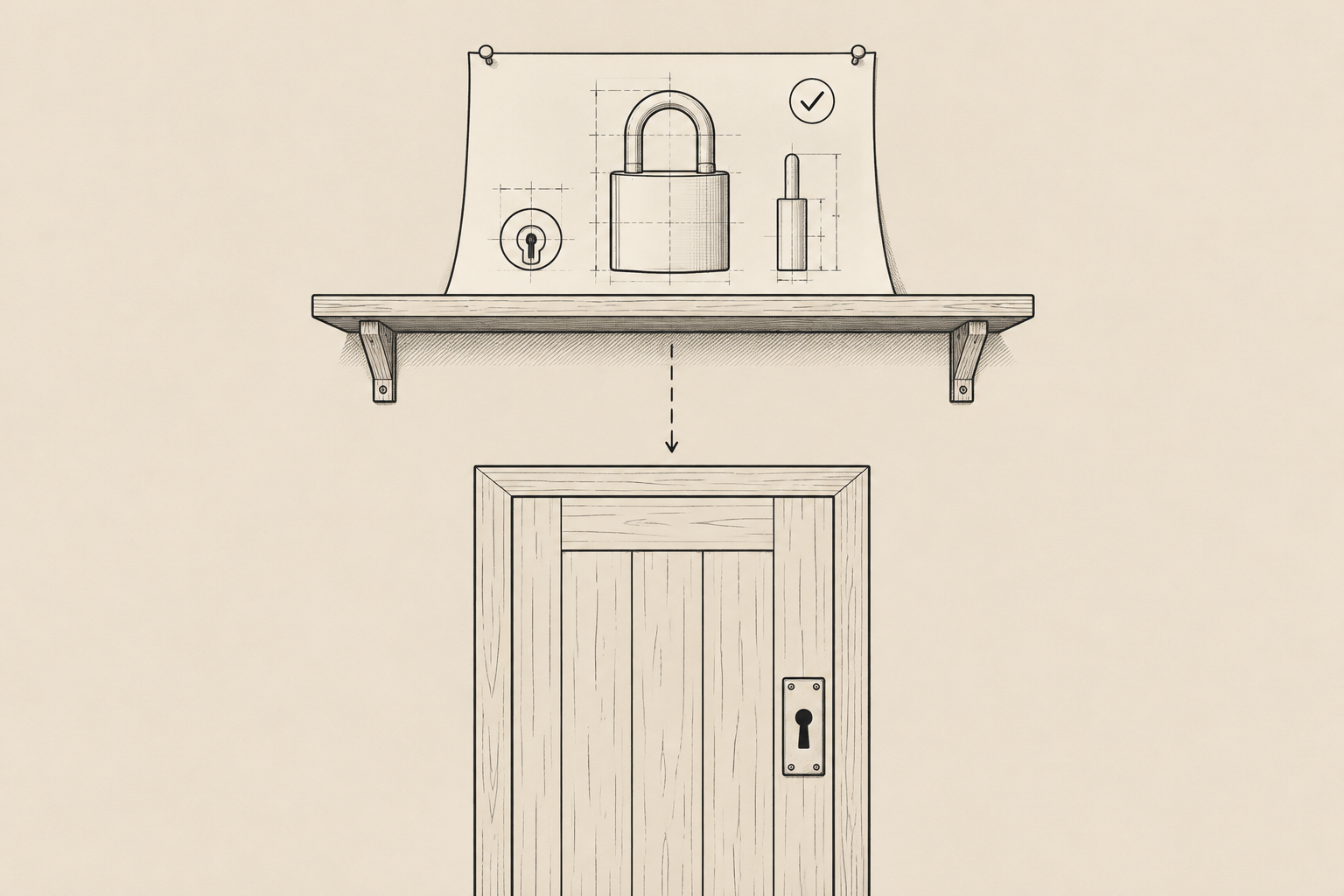 Disegno a linee su fondo beige con un progetto di lucchetto appoggiato su una mensola e, sotto, una porta vuota senza lucchetto montato.