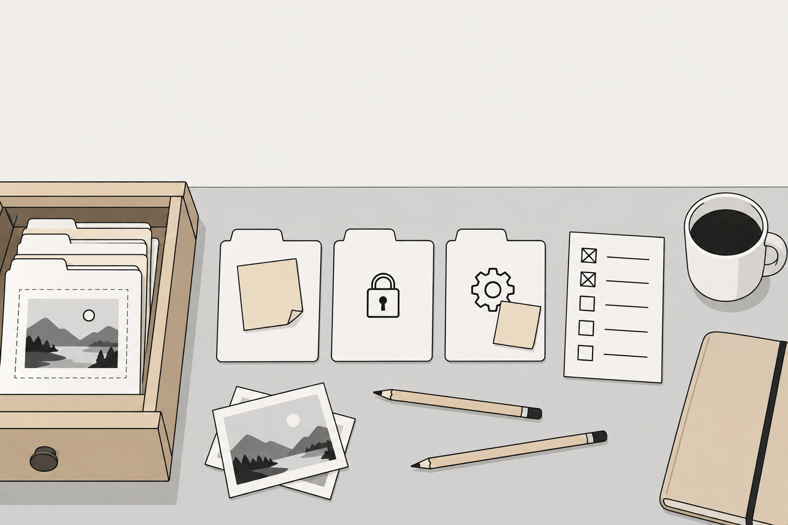 Disegno a tratto beige e grigio di schede file sulla scrivania, una delle quali contiene una piccola anteprima tratteggiata dentro un file più grande, accanto a una checklist con alcune caselle spuntate.