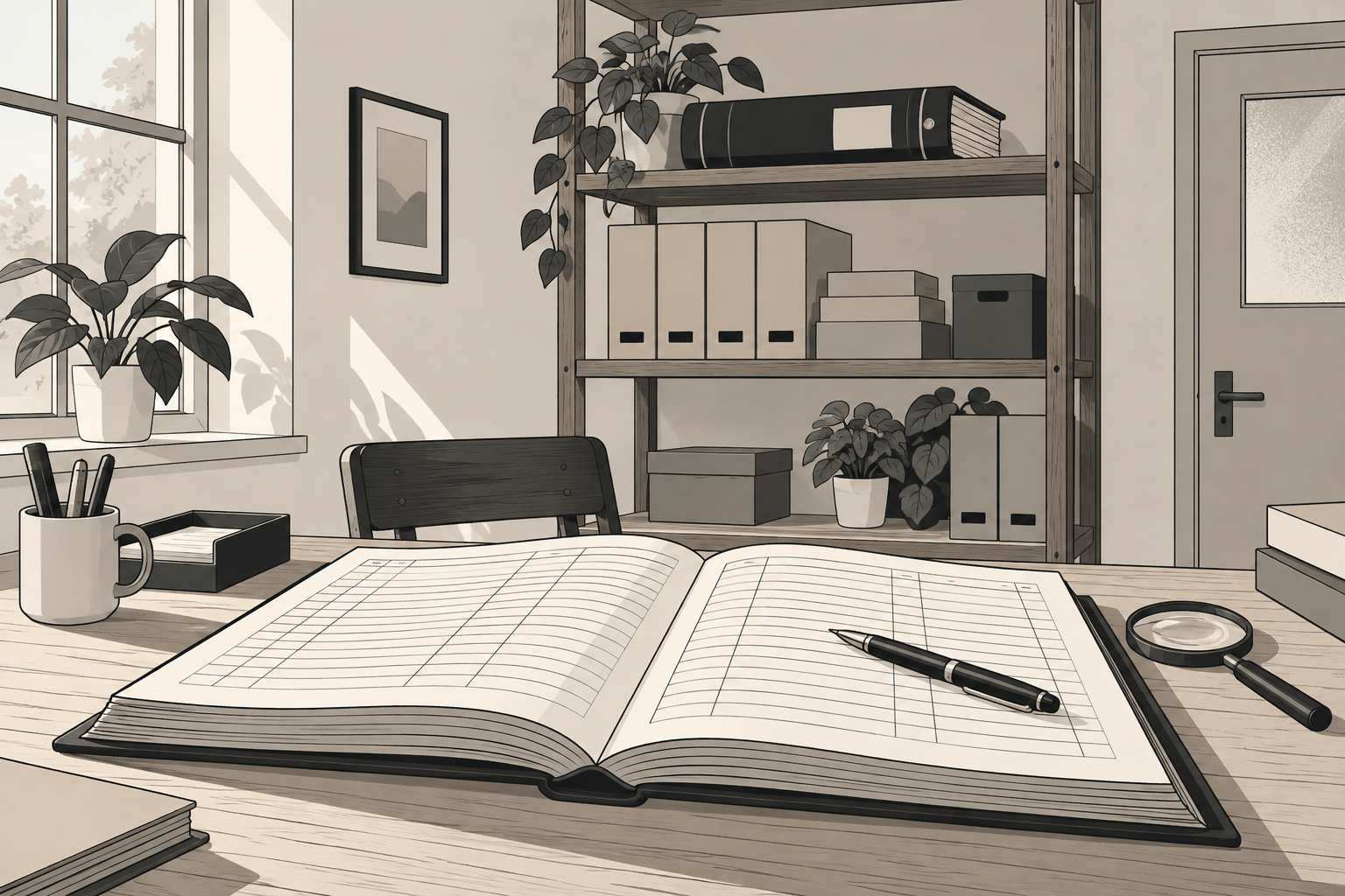 Disegno a tratto di un registro aperto sulla scrivania in primo piano e un faldone su uno scaffale in alto, in un ufficio ordinato.