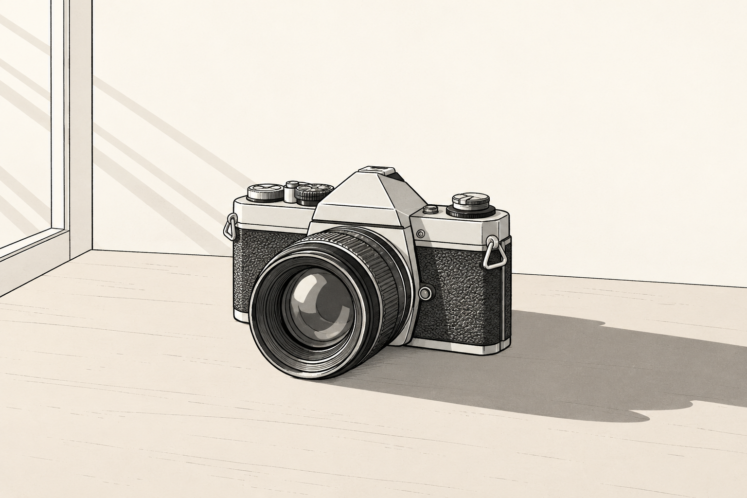 Fotocamera disegnata in line art su un tavolo beige, illuminata da una sola fonte di luce laterale che proietta un'ombra lunga.
