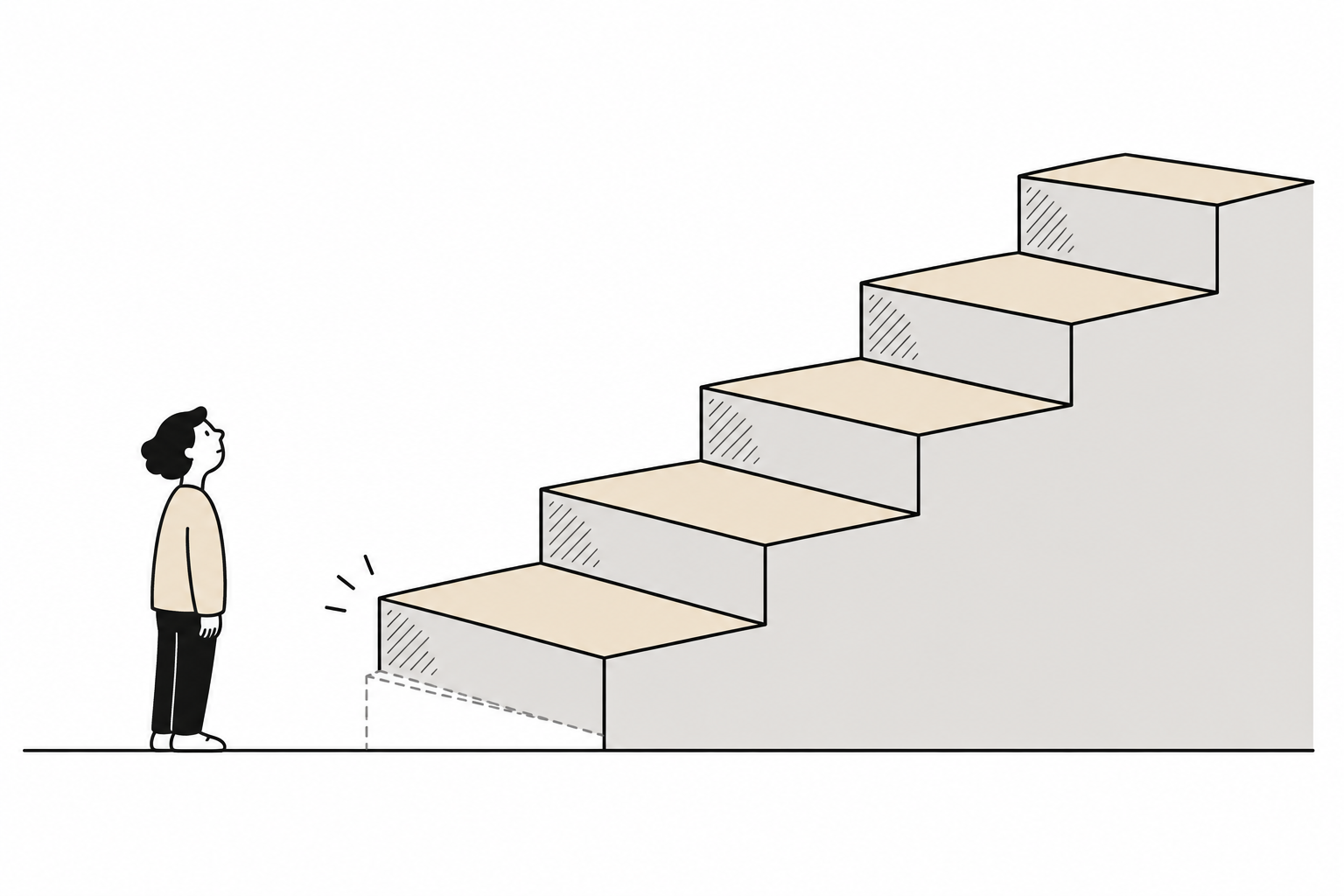 Scala in linea sottile vista di lato con il primo gradino alzato rispetto alla linea tratteggiata, e una piccola figura ai piedi che guarda in alto.