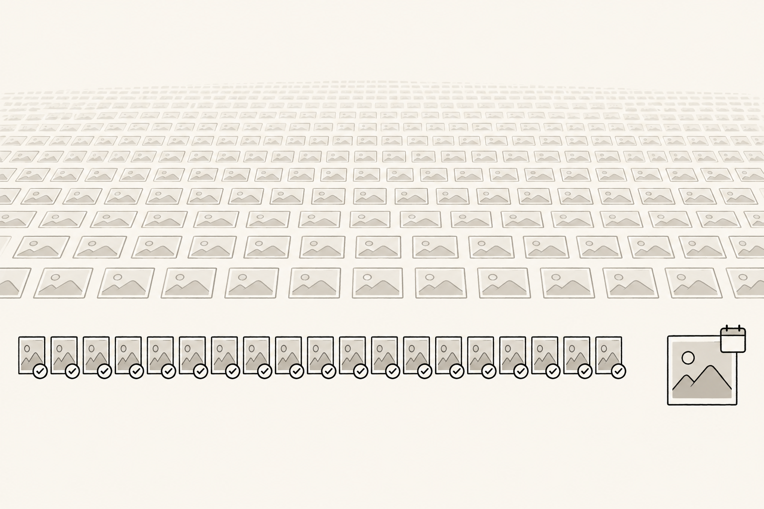 Griglia di piccole cornici fotografiche disegnate a mano su fondo beige: in primo piano una fila ordinata di venti campioni spuntati, e una scheda isolata con l'icona di un calendario vuoto.