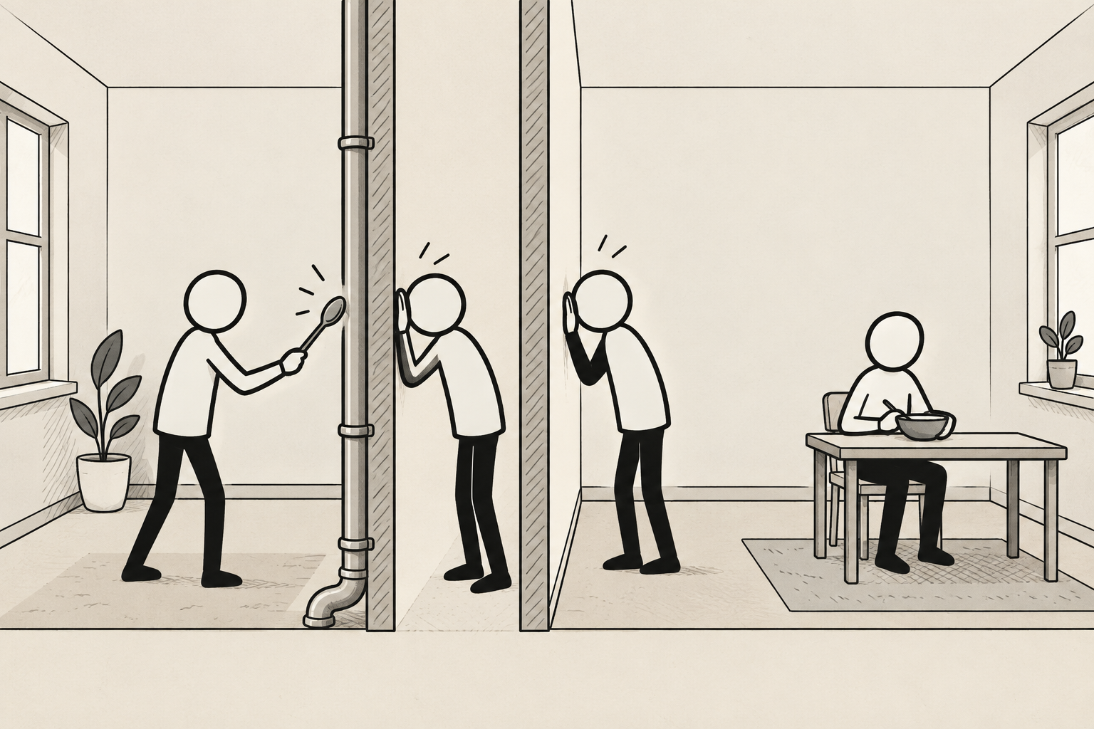 Due scene in line art separate da un muro: a sinistra due figure si passano colpi sul tubo del termosifone, a destra una figura lavora ignara mentre un'altra ascolta dal muro accanto.