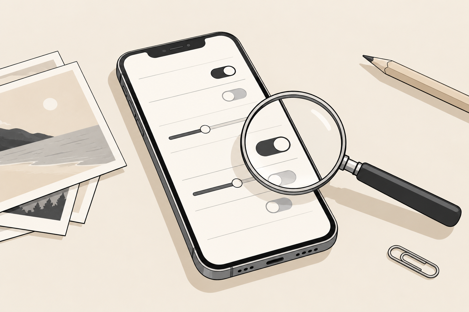 Uno smartphone appoggiato su una scrivania con alcune stampe di foto, lo schermo mostra interruttori e cursori in line art e una lente d'ingrandimento osserva un interruttore.