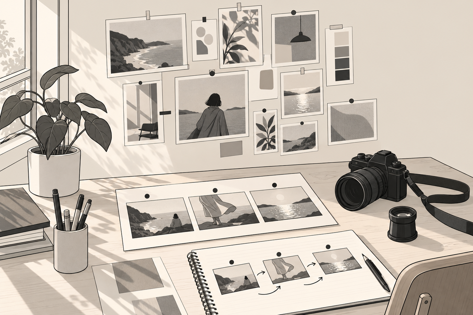 Disegno in line art di un tavolo di direzione creativa con una moodboard alla parete, uno storyboard in tre riquadri, una fotocamera in secondo piano e un taccuino con frecce.