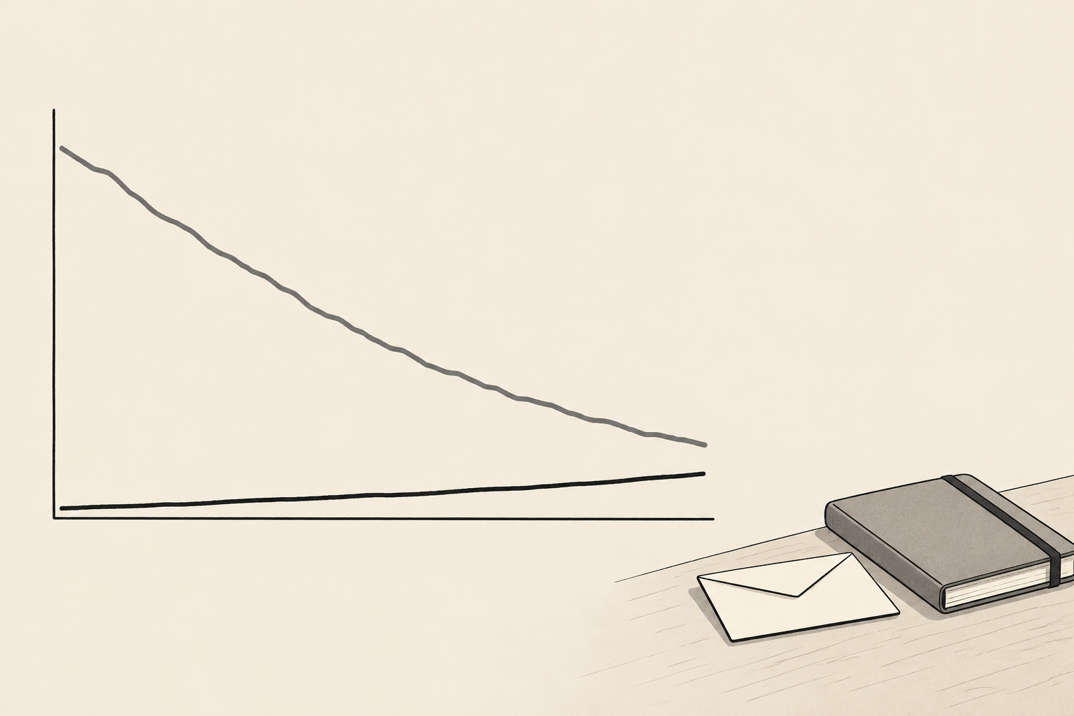 Grafico vuoto in line art beige e nero con due linee: una grigia che scende con decisione, una nera che resta bassa e sale appena. Accanto, una busta newsletter e un quaderno chiuso su un bordo di scrivania.