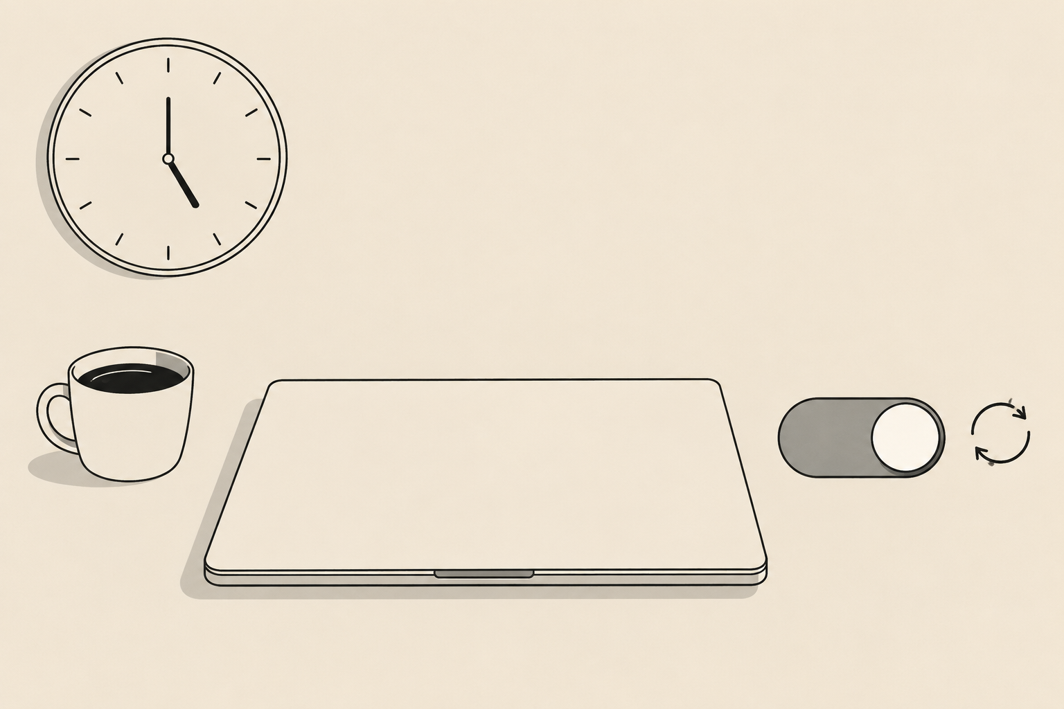 Scrivania vista dall'alto con un portatile chiuso, un interruttore acceso e un orologio da parete che segna fine giornata, in stile line art beige e nero.