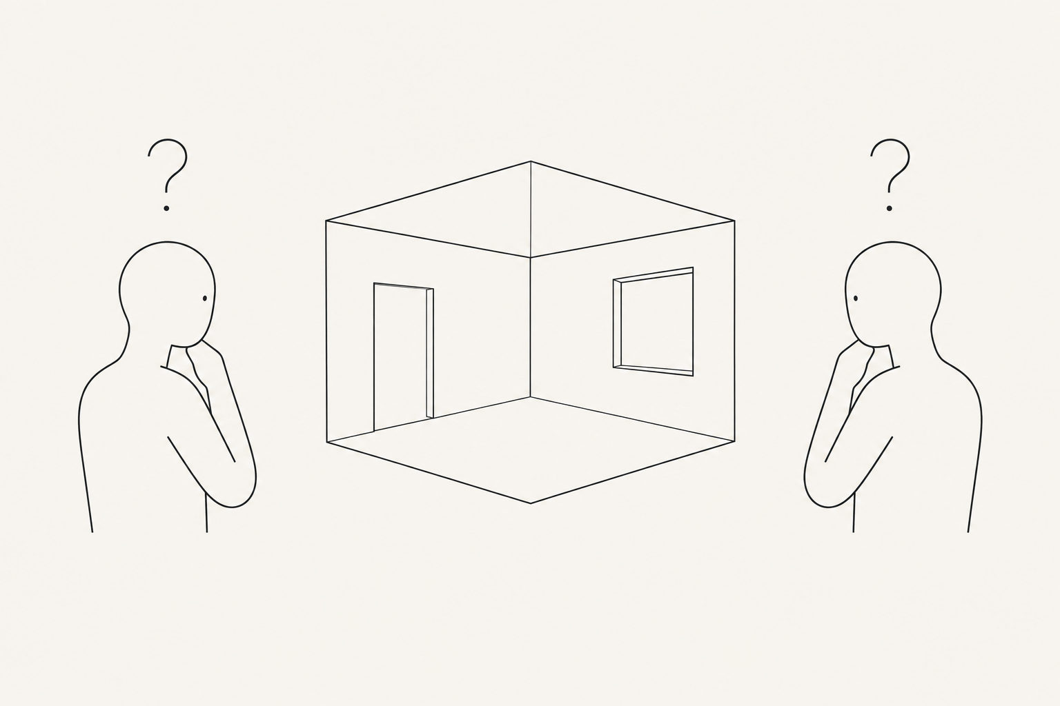 Due figure stilizzate osservano la stessa geometria 3D di una stanza, entrambe con punto interrogativo sopra la testa, simboleggiando l'incertezza condivisa nel giudicare la correttezza geometrica.