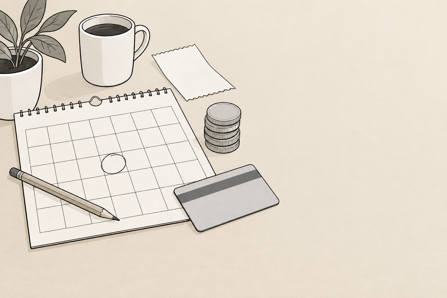 Disegno a tratto beige e grigio di un calendario mensile con un giorno cerchiato, una pila di monete e una carta di pagamento appoggiata sopra, a rappresentare l'abbonamento ricorrente.