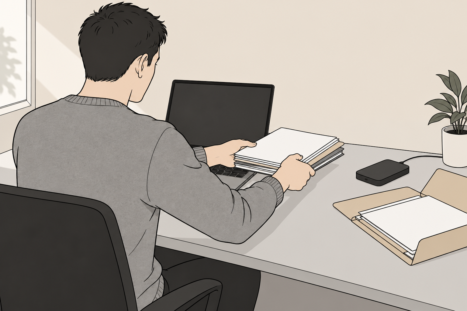 Un uomo di spalle alla scrivania sposta con calma documenti e cartelle dal laptop a un disco esterno e a una cartella aperta, in stile line art.