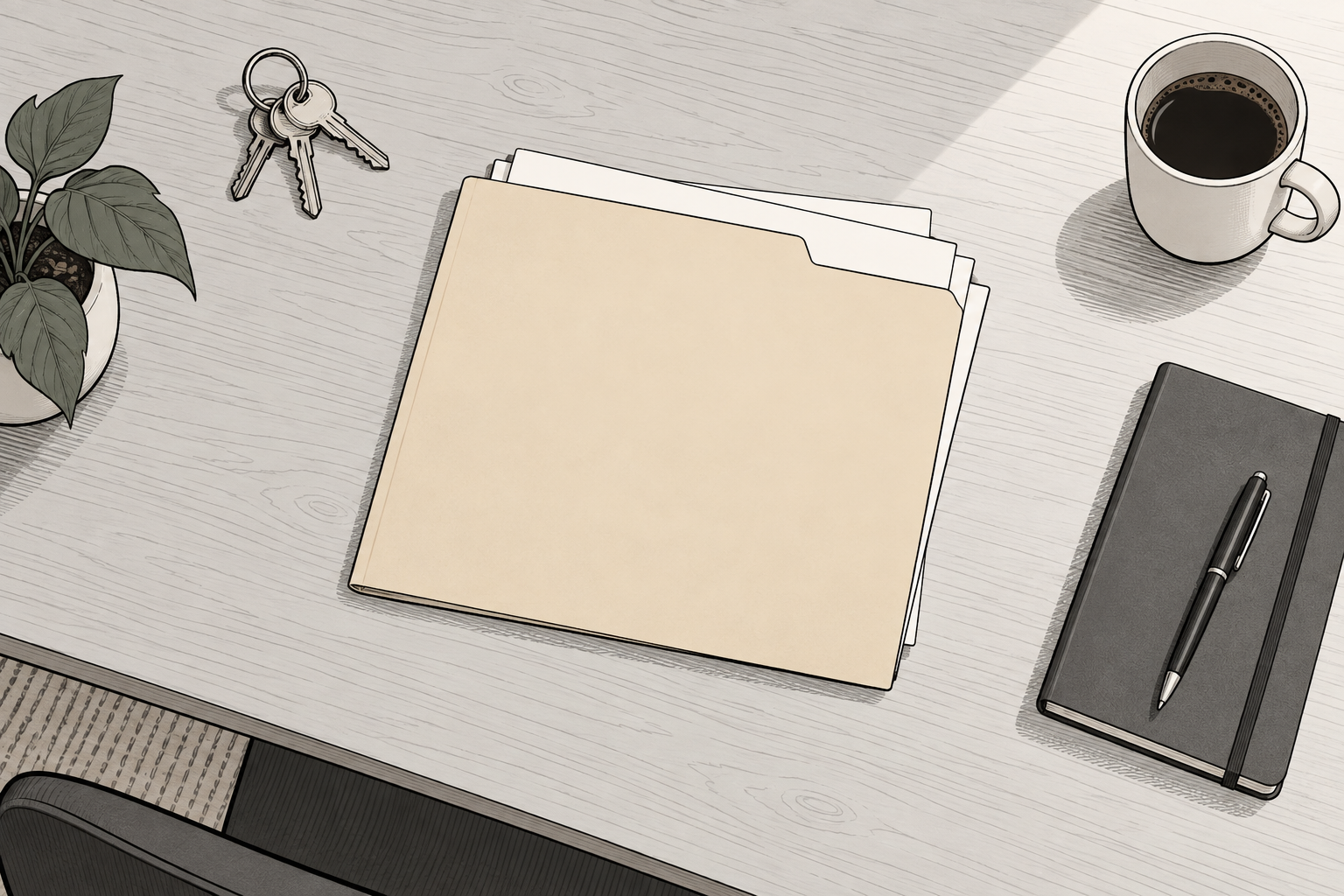 Disegno a tratto di una cartella di lavoro con pochi fogli sul piano di una scrivania, accanto a un mazzo di chiavi lasciato in disparte.
