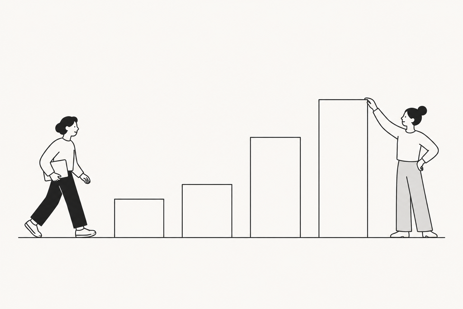 Grafico minimalista orizzontale che mostra il contrasto tra categorie deboli di ragionamento spaziale (allocentrico, geometrico) e categorie forti (egocentrico, dinamico), rappresentato solo dall'altezza relativa delle barre in stile Notion line art.